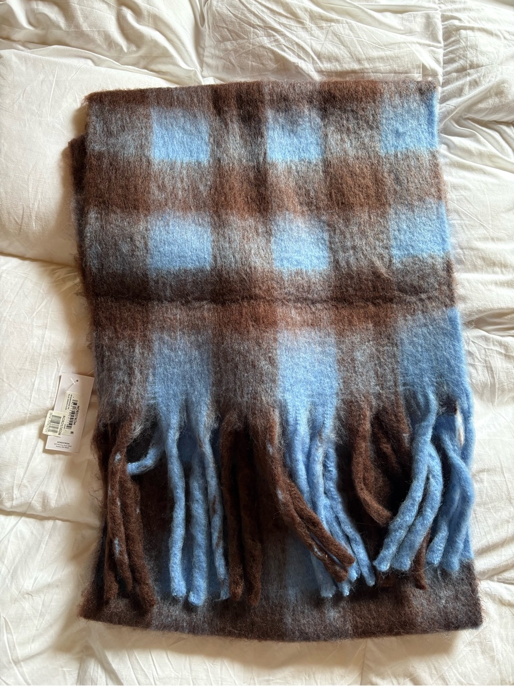 Nordstrom Plaid Fringe Throw in Light Blue and Brown